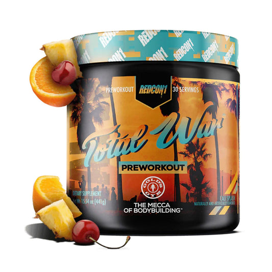 REDCON1 Total War Cali Splash tub label showing energy and focus attributes