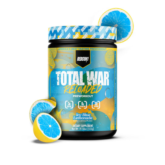 REDCON1 Total War Reloaded Icey Blue Lemonade tub powering focused workouts with endurance support.