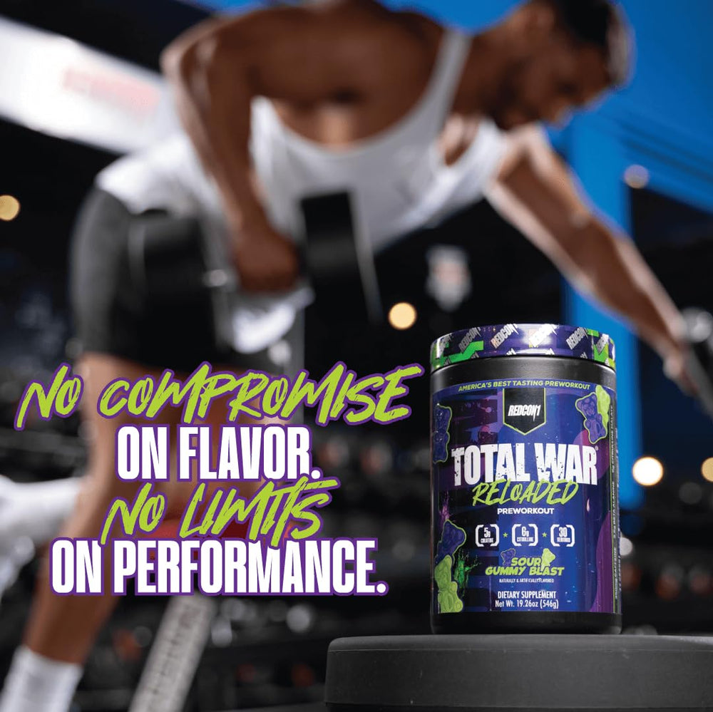 REDCON1 Total War Reloaded nitric oxide pump graphic suggests enhanced blood flow during training.