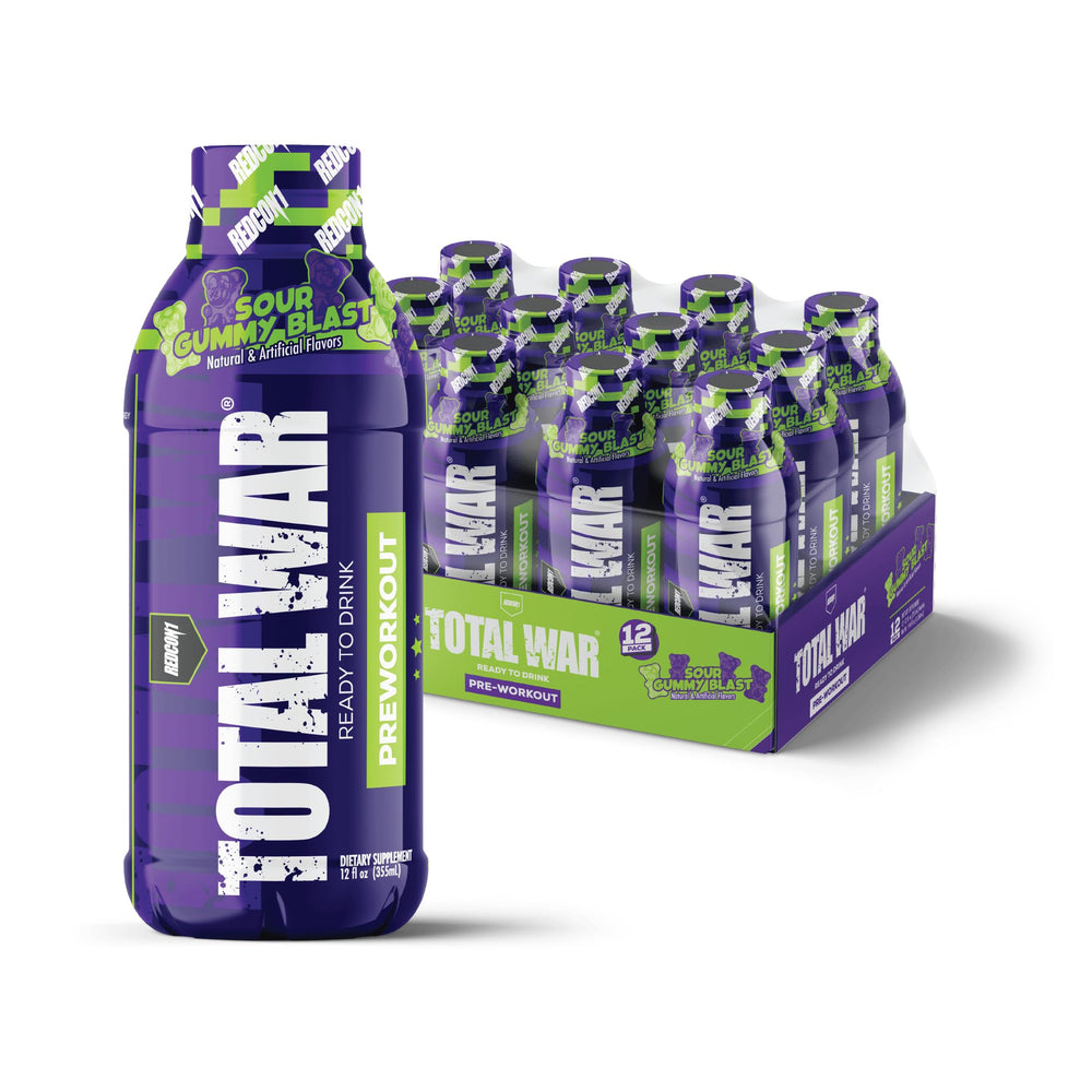 Redcon1 Total War RTD bottle pouring for quick energy before training.
