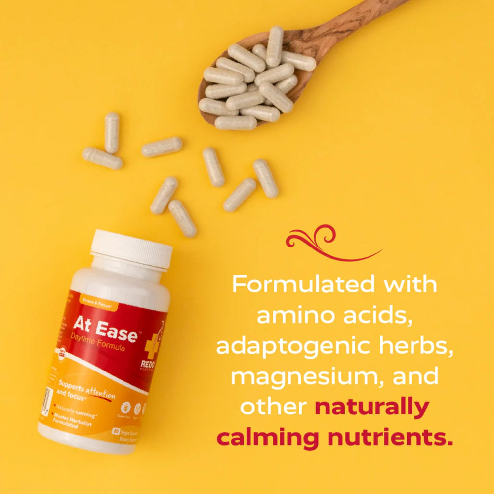 Redd Remedies at Ease packaging showcases vegan capsule formula