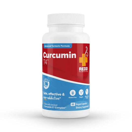Redd Remedies Curcumin T4 bottle with gluten-free turmeric formulation.