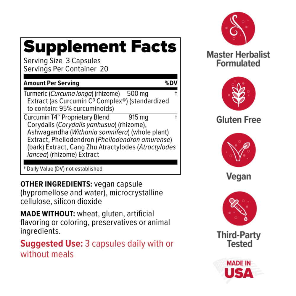 Redd Remedies Curcumin T4 capsules are vegetarian daily supplements.
