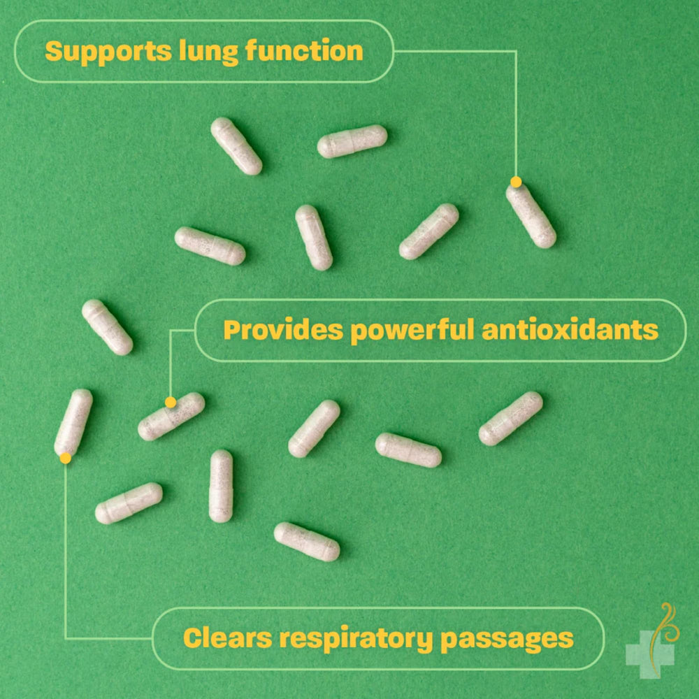 Redd Remedies Lung Care blend of herbs and vitamins—a holistic respiratory support mix.
