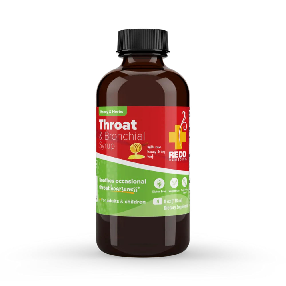 Redd Remedies throat syrup bottle front for soothing throat discomfort