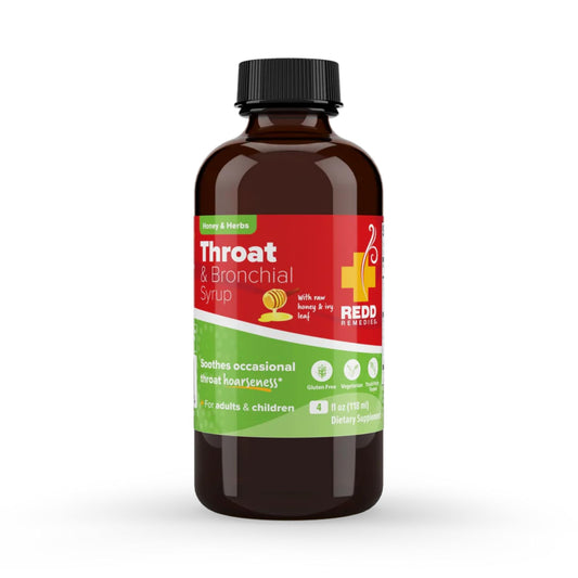Redd Remedies throat syrup bottle front for soothing throat discomfort