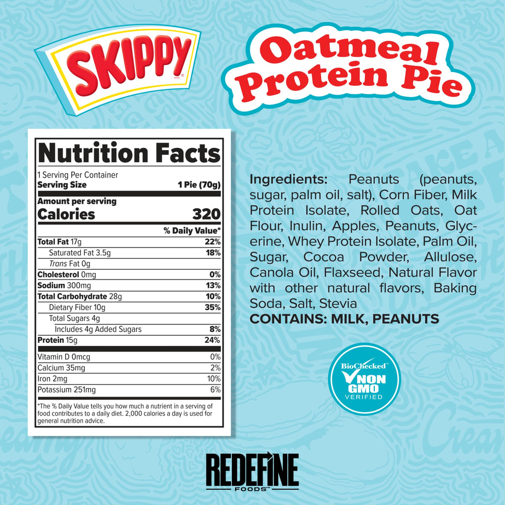 REDEFINE Oatmeal Protein Pie peanut butter swirl image suggests a fiber-rich breakfast option.