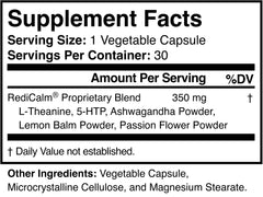 RediCalm capsules close-up, five natural ingredients in a vegan formula.