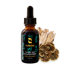 Redmint Turkey Tail Mushroom Tincture bottle showcases immune-support formula.