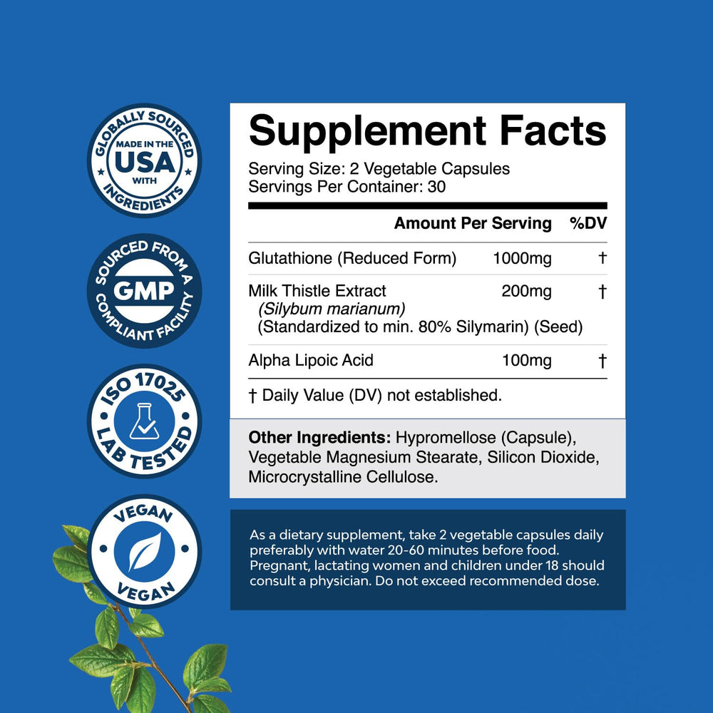 Reduced Glutathione with Milk Thistle ingredients panel features alpha-lipoic acid