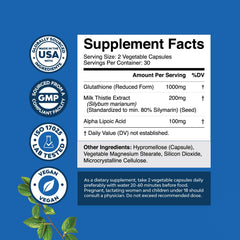 Reduced Glutathione with Milk Thistle ingredients panel features alpha-lipoic acid