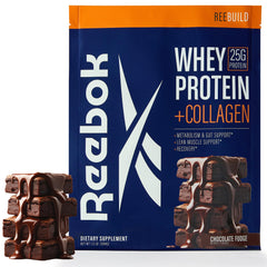 Reebok Whey Protein + Collagen Tub with 25g protein for daily recovery.