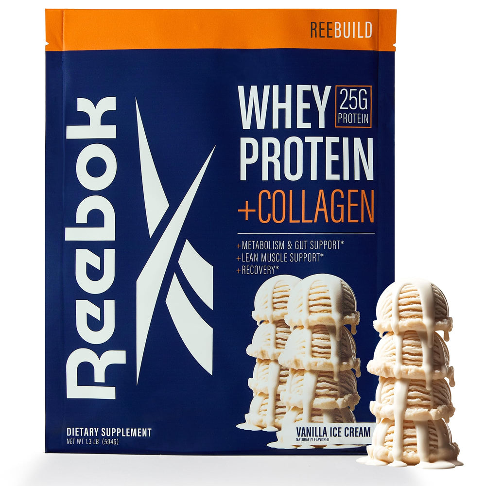 Reebok REEBUILD vanilla ice cream tub supports post-workout recovery.