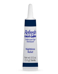 Refresh Lacri-Lube tube close-up highlighting compact, travel-friendly packaging.