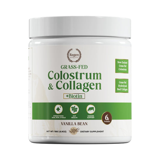 Regen Vitality bottle with grass-fed colostrum and collagen for daily wellness.