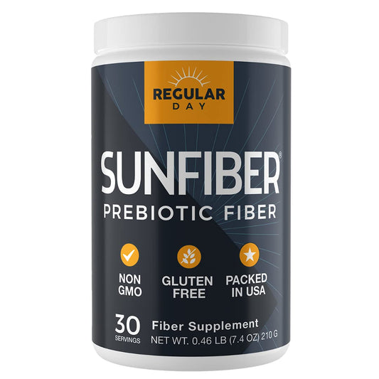 REGULAR DAY Sunfiber bottle closeup, gluten-free prebiotic fiber for gentle daily support.