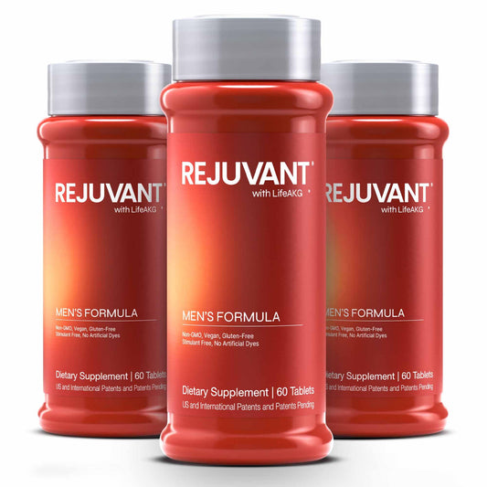 Rejuvant Men's AKG Longevity bottle front showing easy-to-swallow coated tablets for daily energy