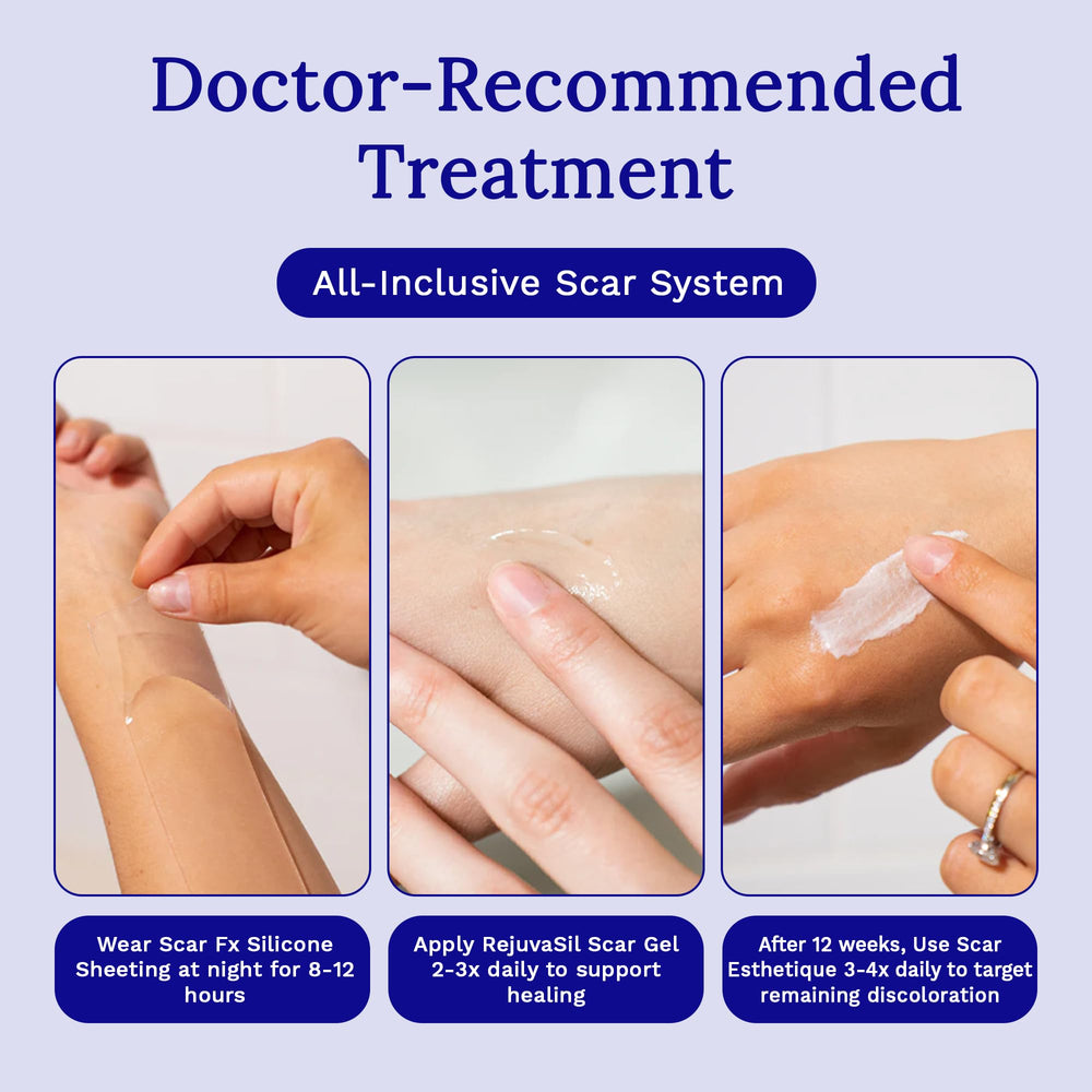 Before-and-after style image suggesting smoother scar appearance with RejuvaSil.