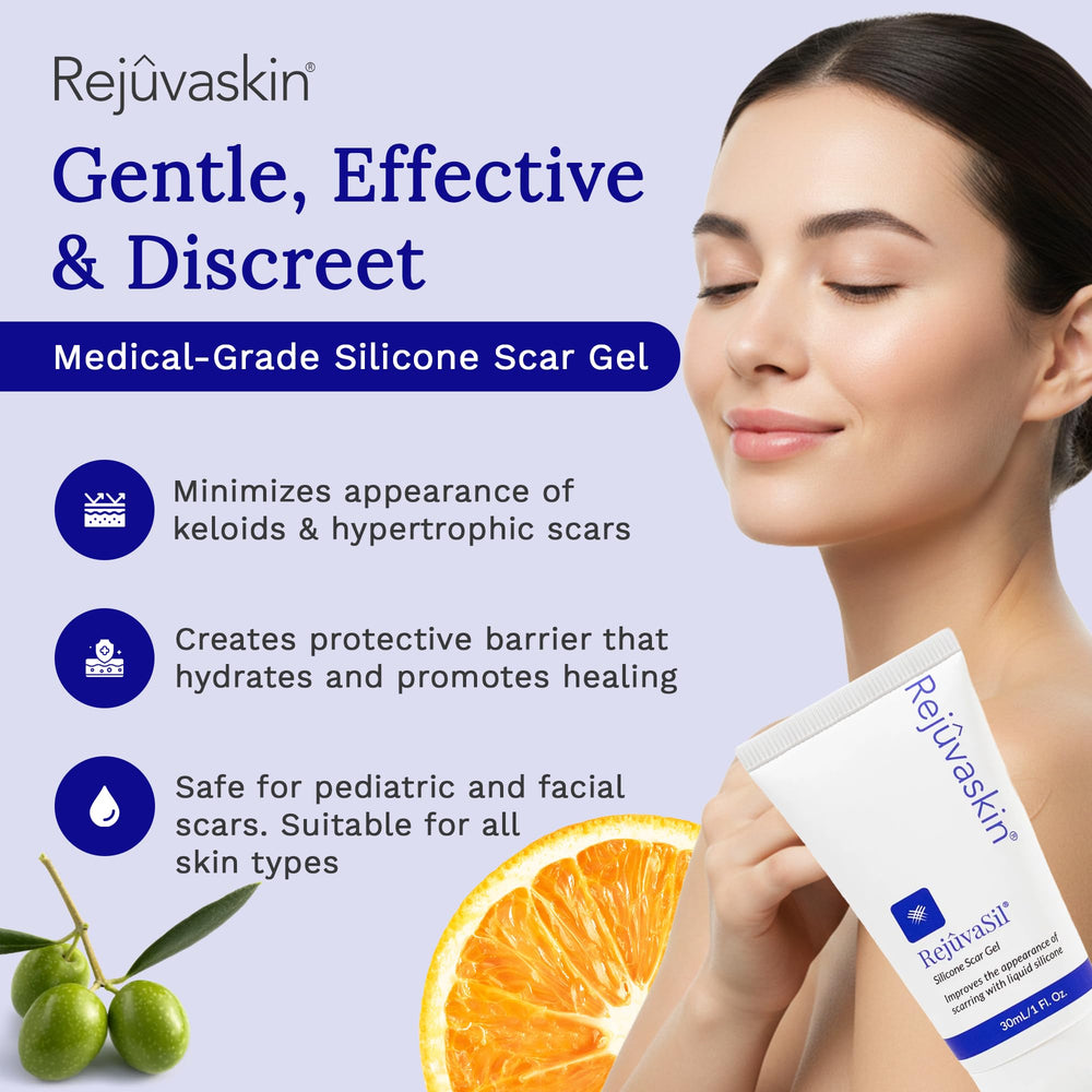 RejuvaSil clear gel swatch on skin for invisible wear.