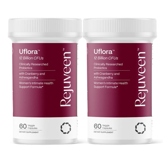 Rejuveen Uflora bottle close-up highlighting vaginal health and moisture support.