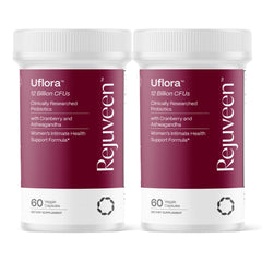 Rejuveen Uflora bottle close-up highlighting vaginal health and moisture support.