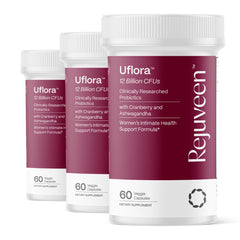 Rejuveen Uflora Vaginal Probiotics bottle front showing capsules for daily vaginal health support.