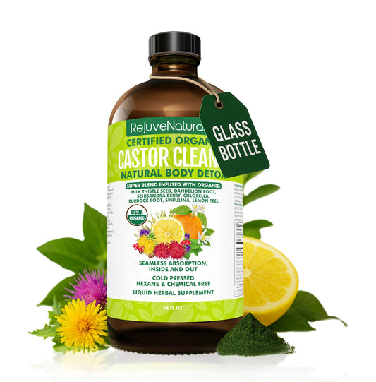 RejuveNaturals Castor Cleanse oil being poured for gentle detox and daily balance