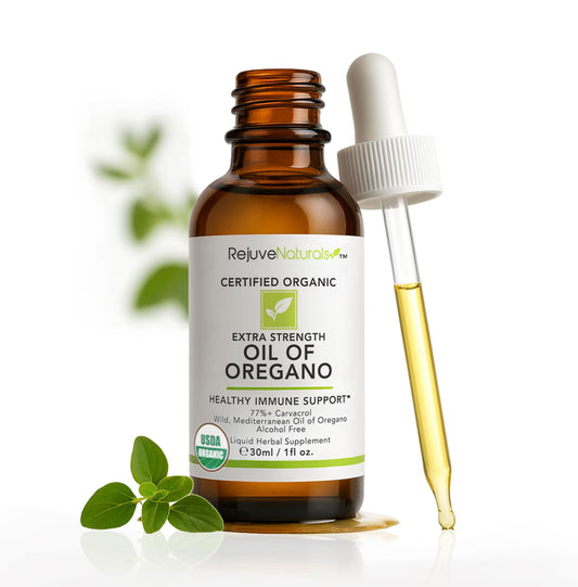 RejuveNaturals extra strength oregano oil bottle for daily immune support.