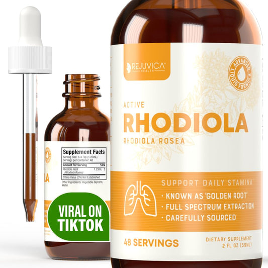 Rejuvica Health Active Rhodiola bottle with pour for easy energy support
