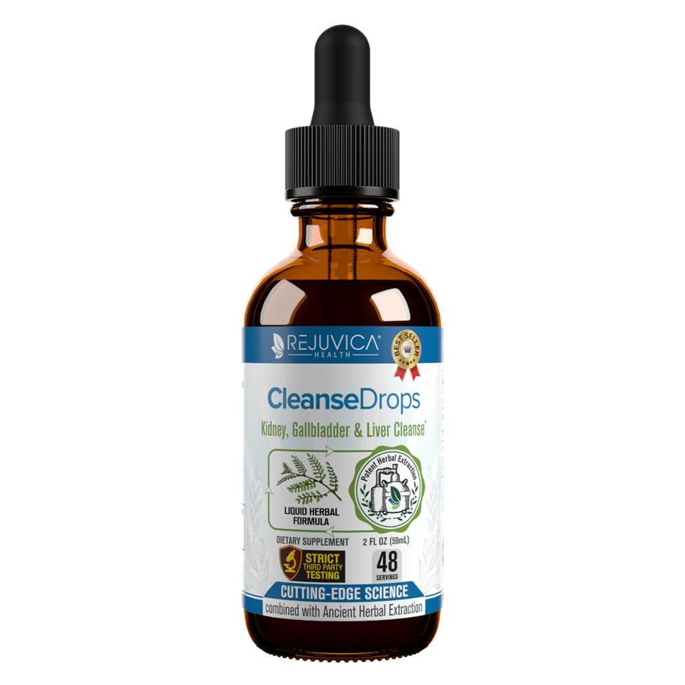 Rejuvica Health Cleanse Drops bottle front view for easy dosing and daily detox routines.
