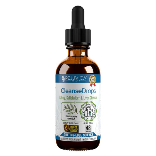 Rejuvica Health Cleanse Drops bottle front view for easy dosing and daily detox routines.