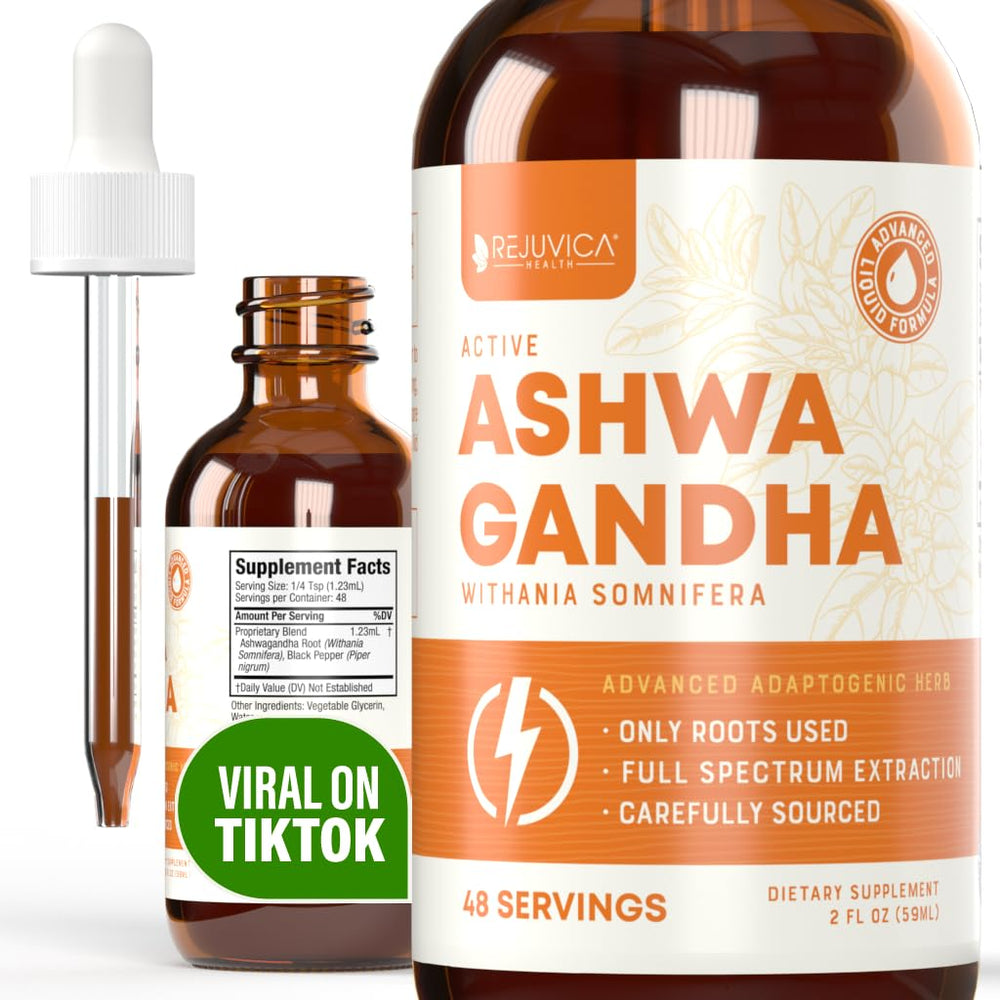 Rejuvica Health Active Ashwagandha bottle label highlighting premium root extract for daily balance.