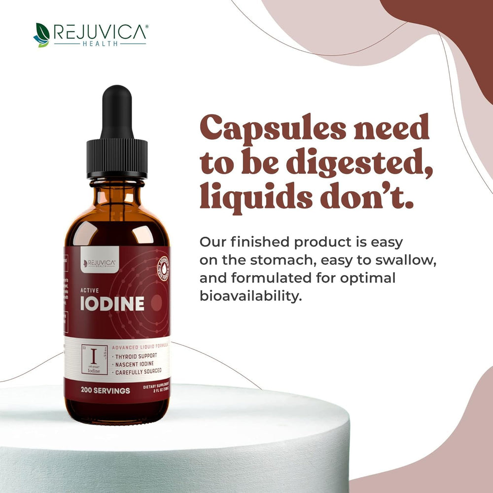 Rejuvica Health Active Iodine drops label-focused shot demonstrates clear, natural ingredients.
