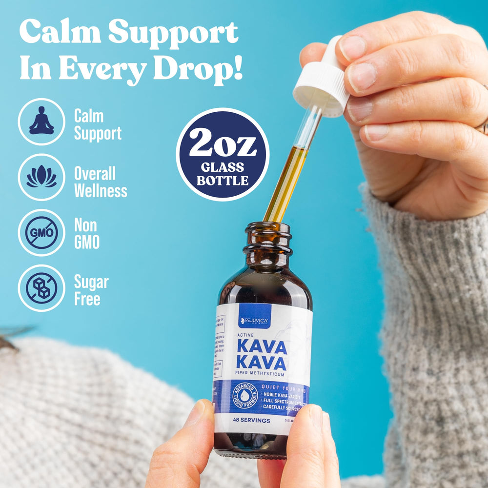 Rejuvica Health Active Kava liquid-form bottle in use