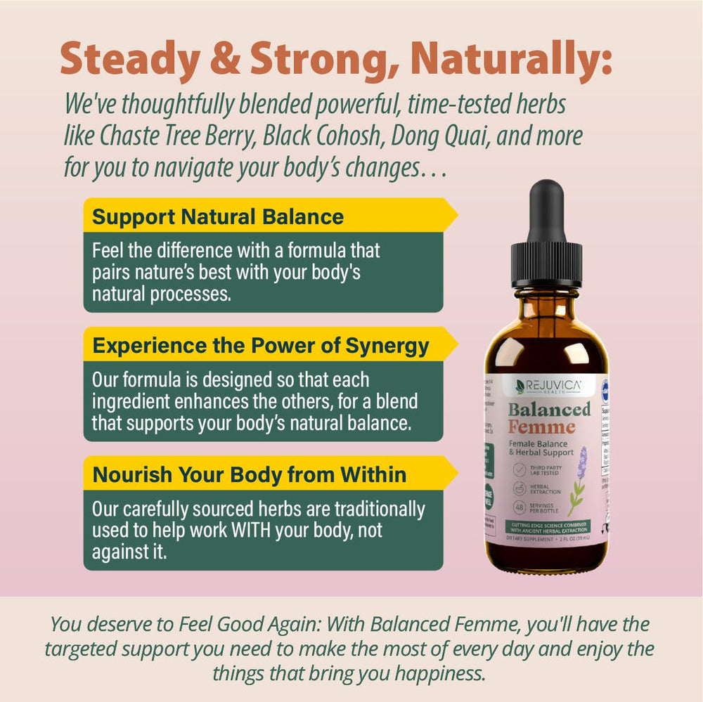Rejuvica Health Balanced Femme ingredient blend showing Vitex, Dong Quai, Black Cohosh.