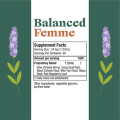 Rejuvica Health Balanced Femme label close-up with alcohol-free claim.