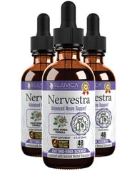 Rejuvica Health Nervestra bottle label highlights herbal nerve support blend.