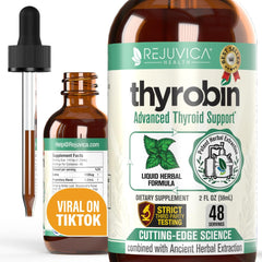 Rejuvica Health Thyrobin bottle front view highlighting liquid thyroid support.