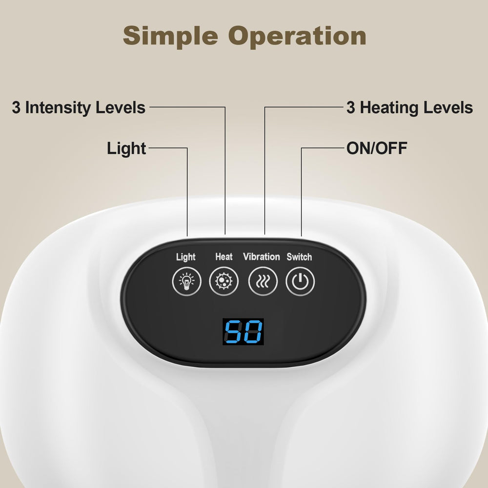 Relassy 3-in-1 design combining heat, vibration, and red light for holistic care.