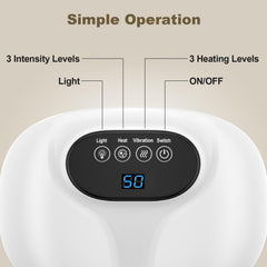 Relassy 3-in-1 design combining heat, vibration, and red light for holistic care.