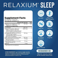 Relaxium Sleep Aid capsules close-up highlight melatonin and magnesium glycinate.