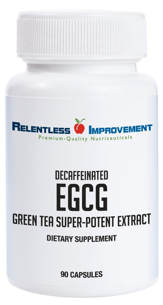 Relentless Improvement EGCG green tea extract bottle front highlighting high potency formulation for daily wellness.