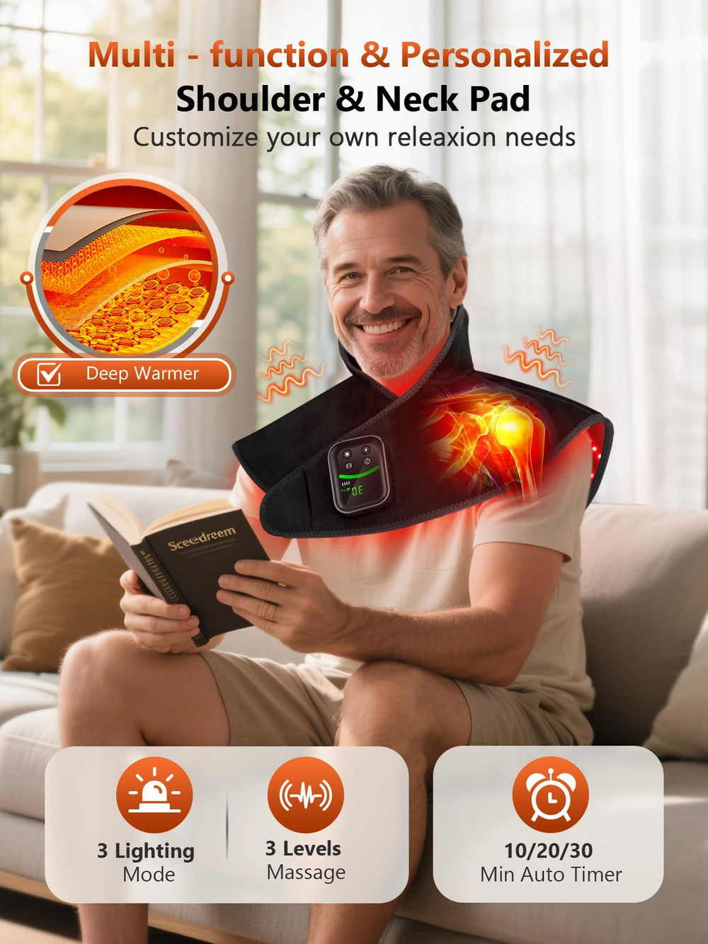 RELEXNOW cordless heating pad shown for portable on-the-go relief.
