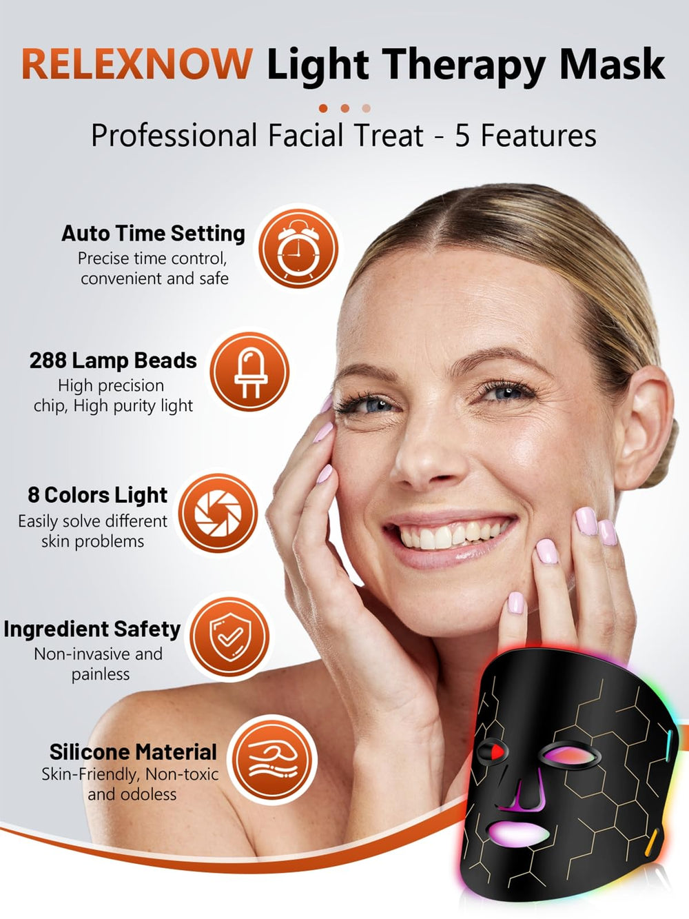 RELEXNOW wearing the mask on-model demonstrates portable skincare in action.