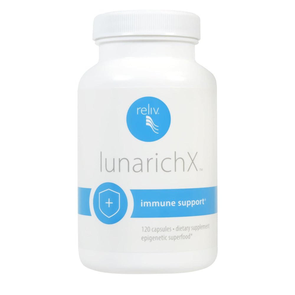 Reliv LunaRich X capsules bottle highlights Lunasin blend for healthy aging support.