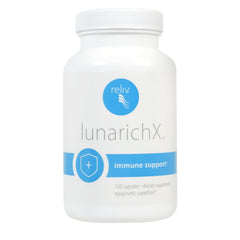 Reliv LunaRich X capsules bottle highlights Lunasin blend for healthy aging support.