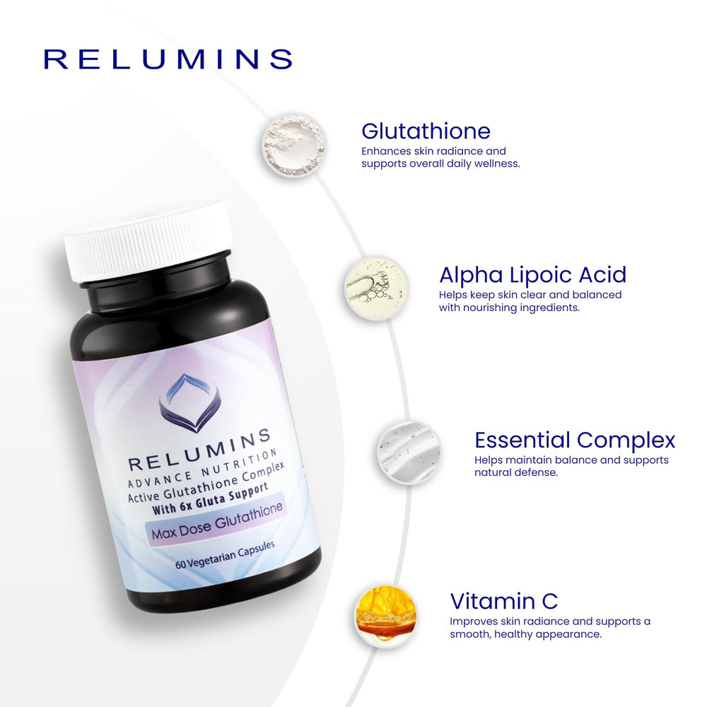 Label design of Relumins Advanced White Glutathione Complex emphasizes antioxidant blend.