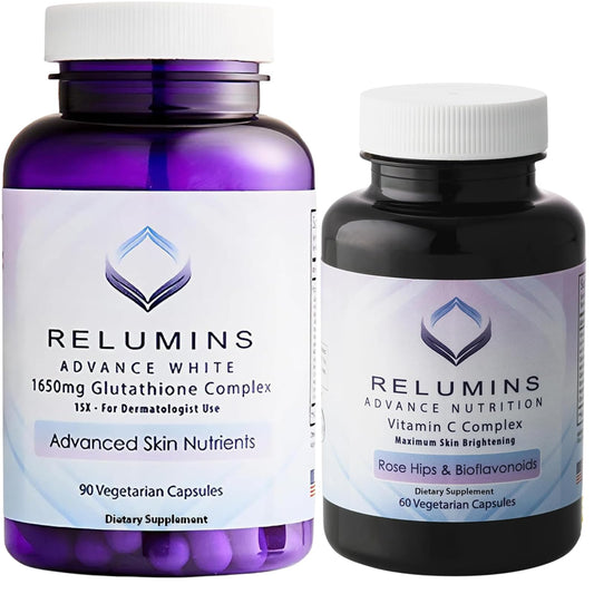 Relumins Advanced White Set bottle packaging for a premium daily glow routine