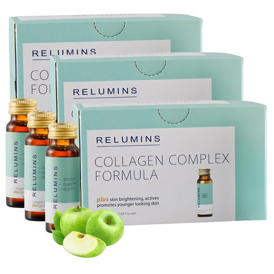 Relumins collagen apple bottle on counter for daily beauty hydration ritual.