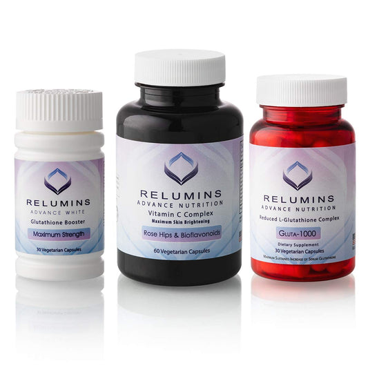 Relumins Gluta 1000 bottle close-up highlighting antioxidant support.
